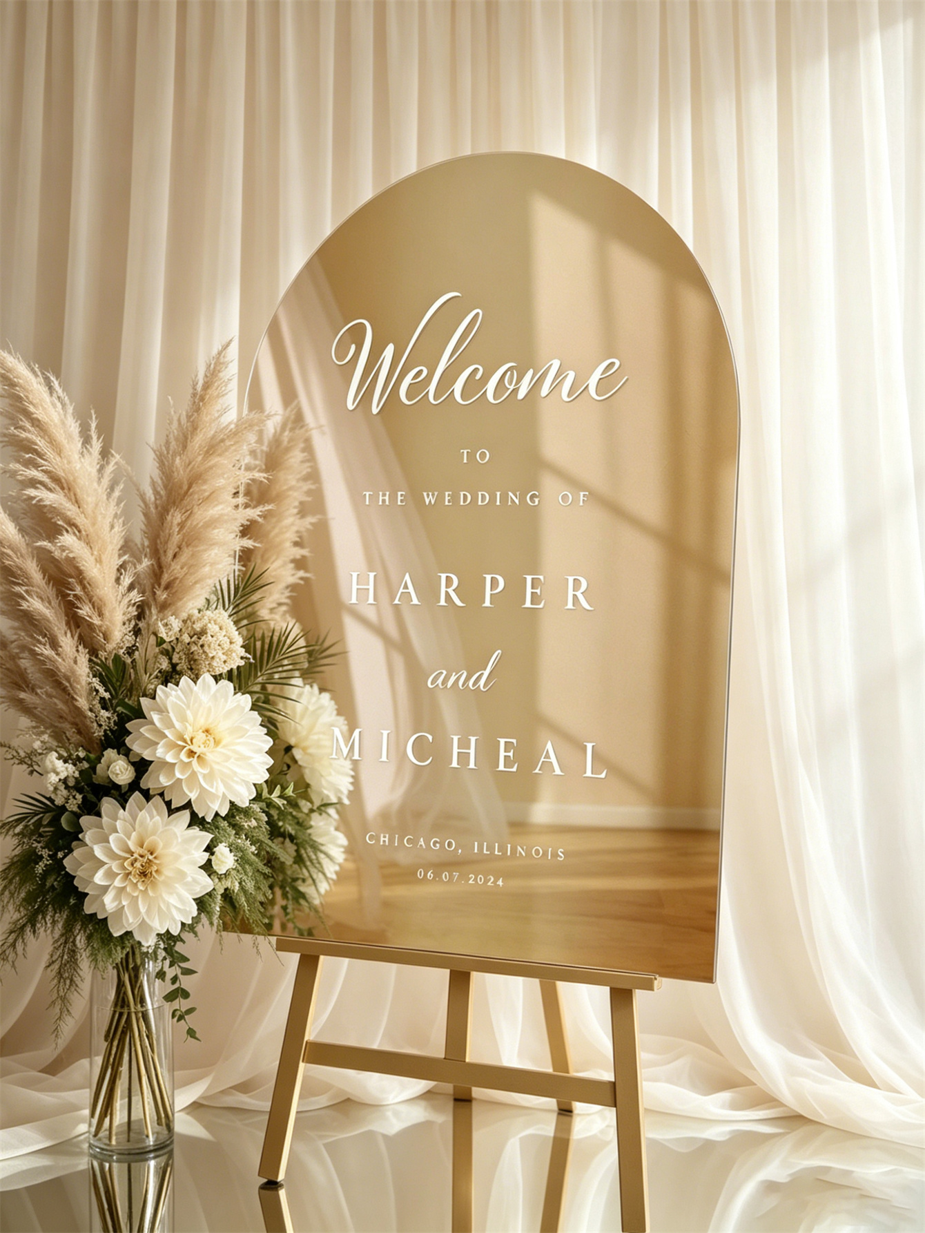 Mirror acrylic welcome signs, golden mirror wedding direction signs, custom wedding direction signs, ceremony welcome signs